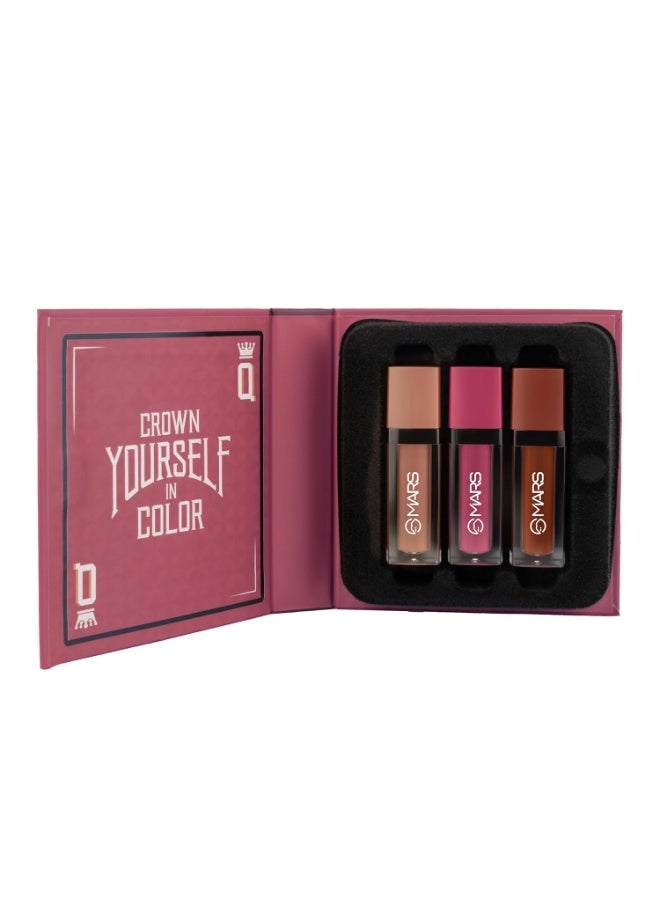 مارس مجموعة أحمر شفاه سائل "ملكة المات" من مارس، ٣ قطع (١٣.٥ مل) (متعددة الاستخدامات) | مقاومة للتلطخ والتحول | تصبغ مكثف، ثبات طويل الأمد | ألوان قابلة للتخصيص | لمسة نهائية غير لامعة - Image 4