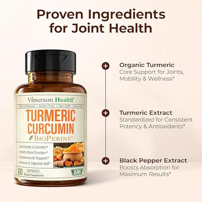 Vimerson Health Turmeric Curcumin Supplement - 1200 mg Organic Turmeric + Tumeric Extract (95% Curcuminoids) for Joint Support & Digestive Health - Turmeric Supplement - Pure Curcumin with Black Pepper - 60 Capsules - Image 5