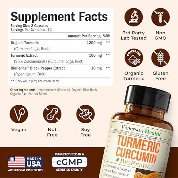 Vimerson Health Turmeric Curcumin Supplement - 1200 mg Organic Turmeric + Tumeric Extract (95% Curcuminoids) for Joint Support & Digestive Health - Turmeric Supplement - Pure Curcumin with Black Pepper - 60 Capsules - Image 3