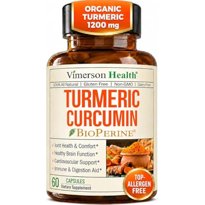 Vimerson Health Turmeric Curcumin Supplement - 1200 mg Organic Turmeric + Tumeric Extract (95% Curcuminoids) for Joint Support & Digestive Health - Turmeric Supplement - Pure Curcumin with Black Pepper - 60 Capsules - Image 1