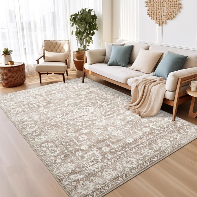AREA RUGS 5X7 FOR LIVING ROOM FLORAL WASHABLE RUGS FOR DINING ROOM BEDROOM VINTAGE NONSLIP THIN AREA RUGLIGHT BROWN 5X7