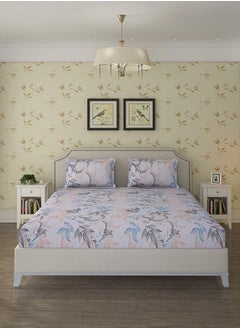 Status Contract Spring Summer Collection-Cotton Rich Double Bedsheet with 2 Pillow Covers for Bed Room, Home, Hotel-120 GSM, Blue-Grey Leaves, 210 X 215 Cm  - Image 1