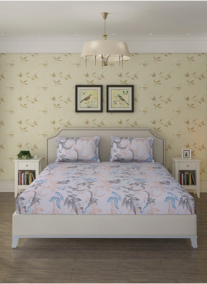 Status Contract Spring Summer Collection-Cotton Rich Double Bedsheet with 2 Pillow Covers for Bed Room, Home, Hotel-120 GSM, Blue-Grey Leaves, 210 X 215 Cm  - Image 1