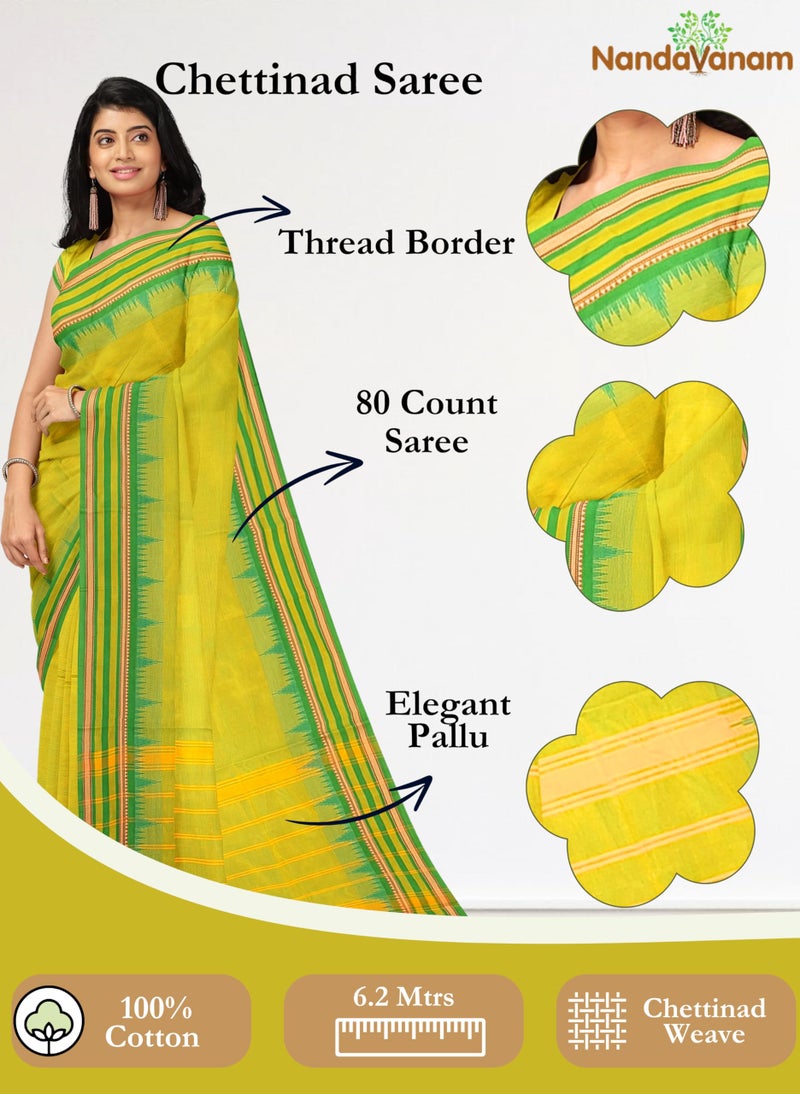 NandaVanam Chettinad Cotton Sarees for Women with Blouse | Soft, Breathable Fabric & Elegant Design, All Day Comfort Handloom Sarees for Women | Pure Cotton Sarees for All Occassion (Green) - Image 2