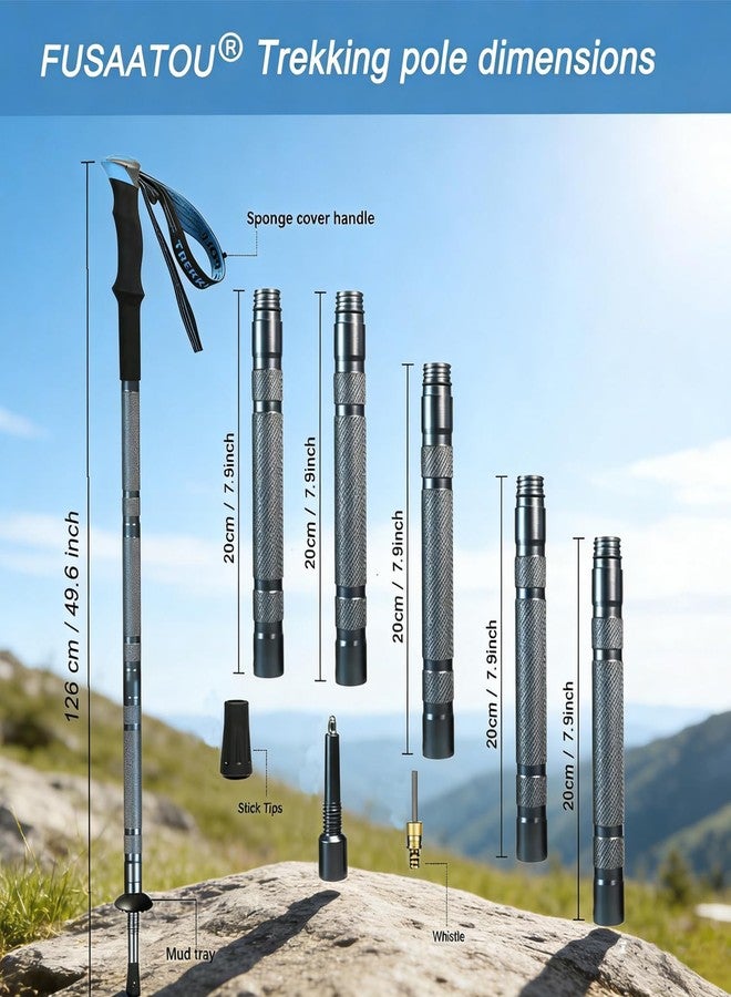 FUSAATOU Trekking Pole, Collapsible Hiking Pole 6-Section Aluminum Alloy, EVA Ergonomic Grip, Tungsten Steel Tip, Multi-Tool for Travel, Camping, Outdoor Adventure - Image 2