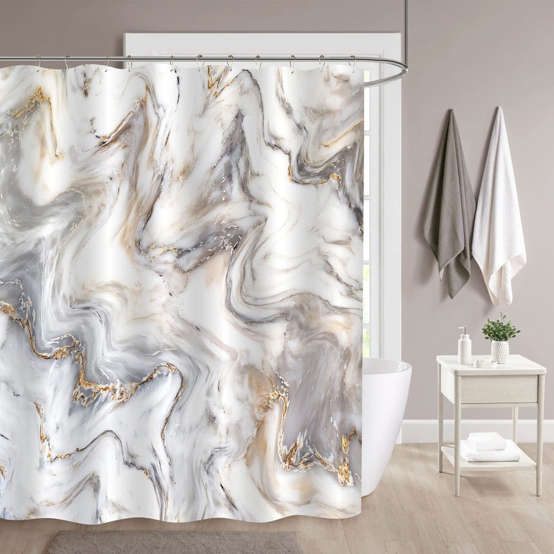 MitoVilla Grey Gold Marble Shower Curtain 72 x 78 Abstract Modern Long Shower Curtain Set with Hooks Grey Blue Shower Curtain for Bathroom Decor Fabric Shower Curtain for Standard Bathtub