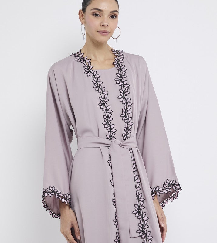 ROZA Elegant Lace Abaya with Inner+Belt - Image 3