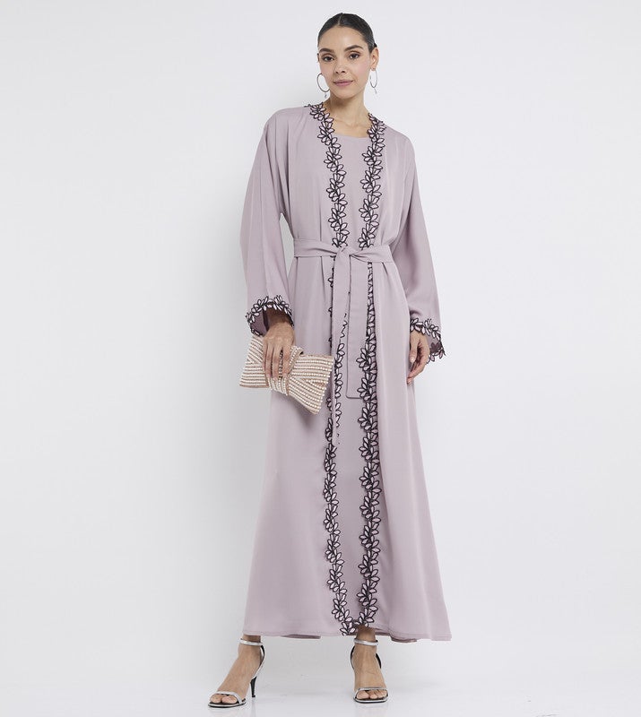 ROZA Elegant Lace Abaya with Inner+Belt - Image 1