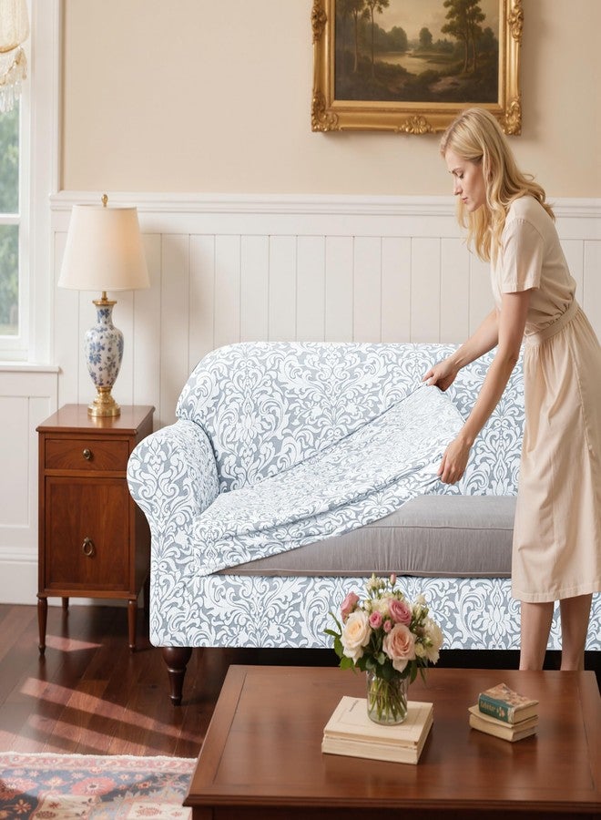 SUBRTEX 2 Piece Loveseat Covers, Jacquard Damask 2 Seater Couch Cover with Seat Cushion, Stretch Non Slip Furniture Protector for Dogs Pets (Medium, Light Grey) - Image 5