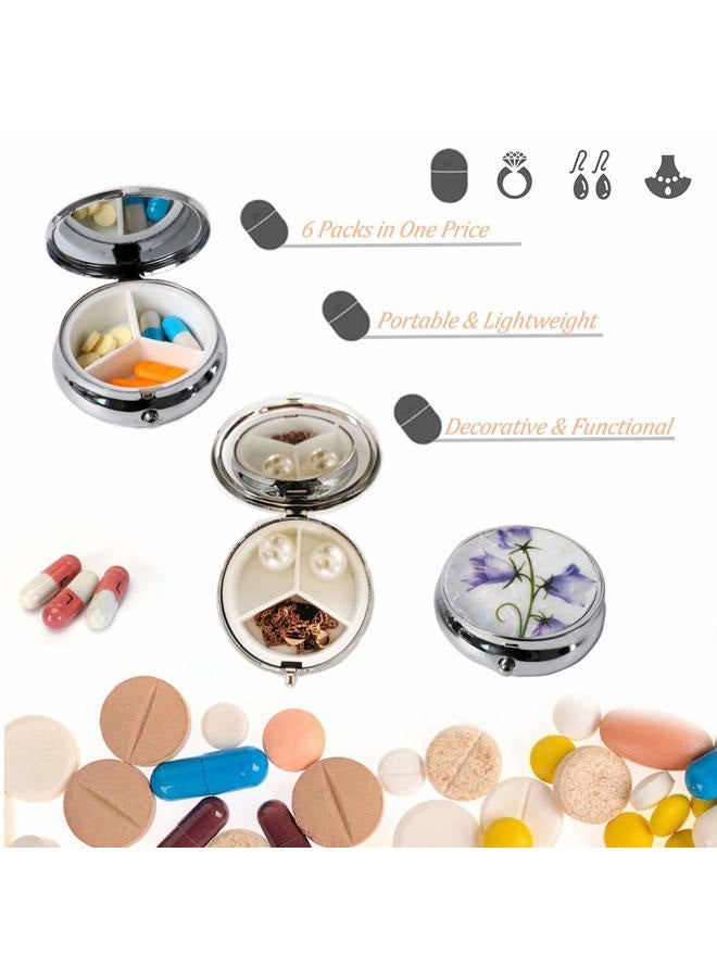 CREATIEE-PRO 6Pcs Elegant Pill Box Case, Portable Medicine Tablet Vitamin Holder Organizer with 3 Component for Purse Pocket Travel Gift - Practical & Fashionable(6 Patterns, 1.6 Inches) - Image 2