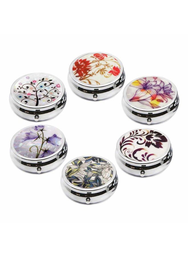 CREATIEE-PRO 6Pcs Elegant Pill Box Case, Portable Medicine Tablet Vitamin Holder Organizer with 3 Component for Purse Pocket Travel Gift - Practical & Fashionable(6 Patterns, 1.6 Inches) - Image 1