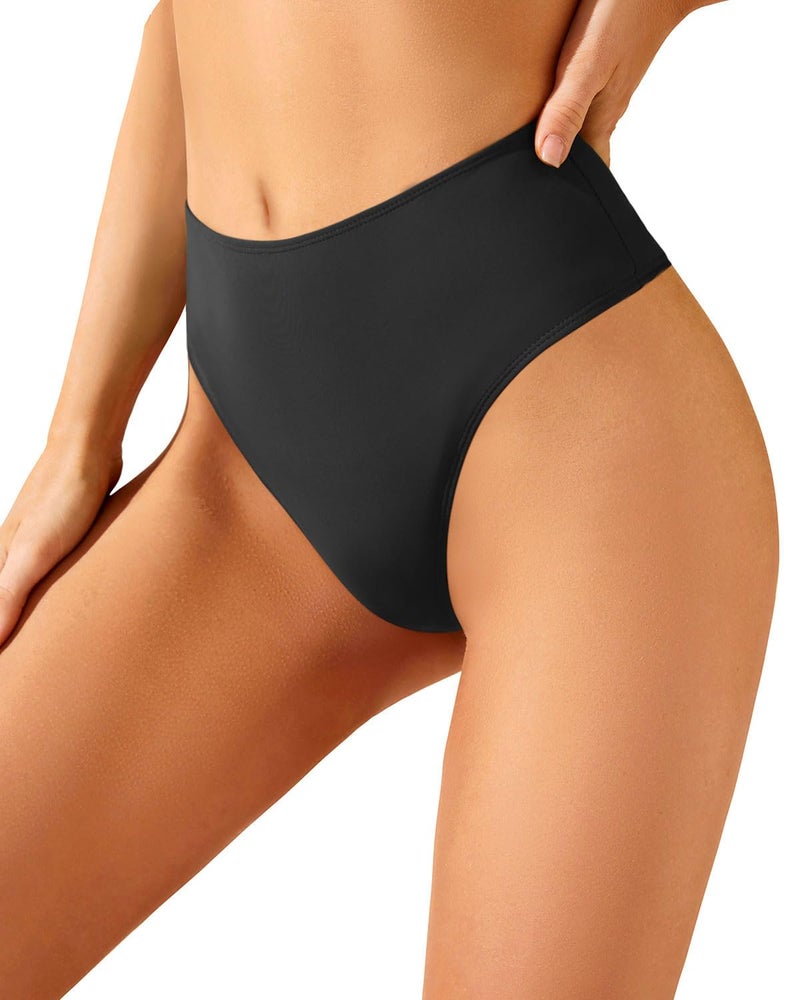 Zmart Women High Waist Thong Bikini Bottoms High Cut Swimsuit Bathing Suit Cheeky Brazilian Swimwear Bottom Black L - Image 2