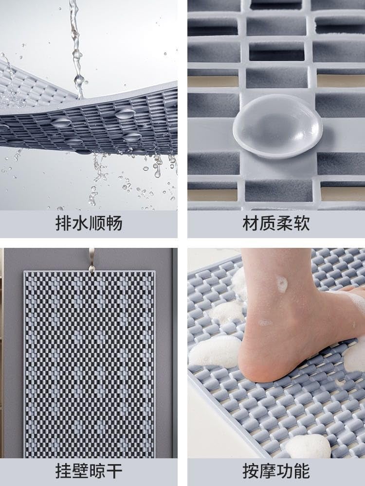 Pushkh Anti Skid Mat for Bathroom Floor Bathroom Anti Slip Mat Bathtub Bath Shower Mat with Suction Cups Drain Holes Foot Massage Scrubber for Kids Adults Bath Mat 60 x 40CM Grey - Image 2