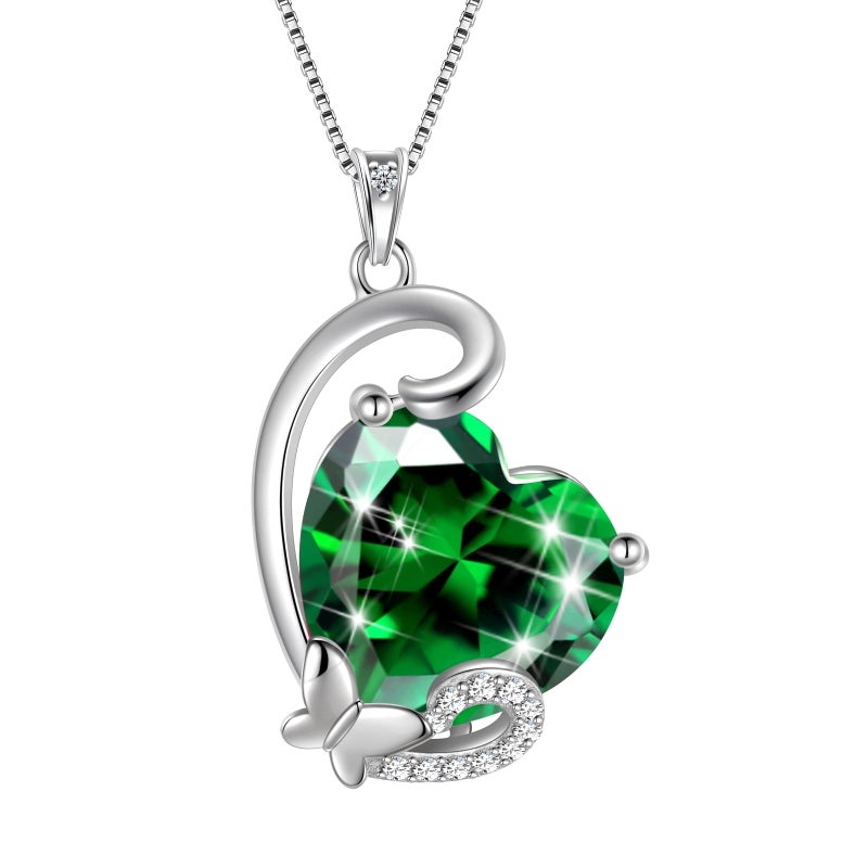 Juwaliy May Birthstone Heart Necklace Butterfly Pendant Green Emerald Sterling Silver Jewelry Women Birthday Christmas Mother's Day Gifts for Mom Grandma - Image 1