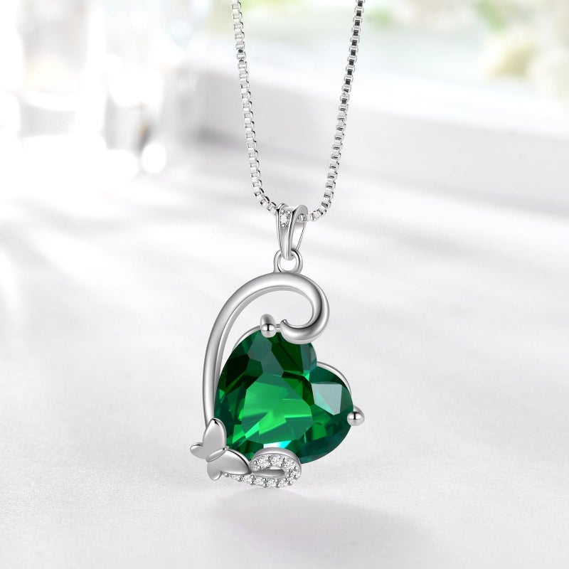 Juwaliy May Birthstone Heart Necklace Butterfly Pendant Green Emerald Sterling Silver Jewelry Women Birthday Christmas Mother's Day Gifts for Mom Grandma - Image 2
