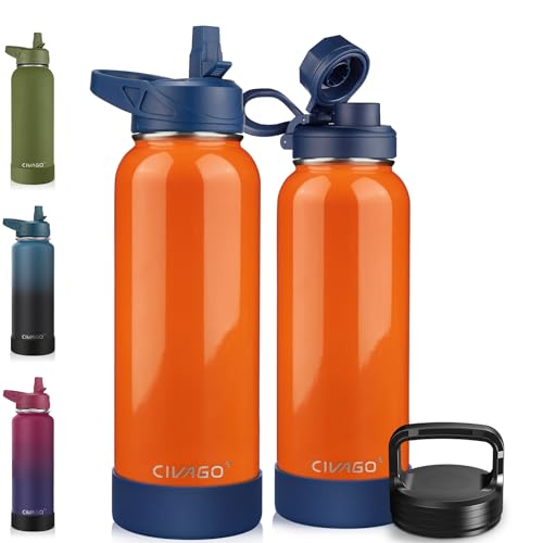 CIVAGO 40 oz Insulated Water Bottle With Straw Stainless Steel Sports Water Cup Flask with 3 Lids Straw Spout and Handle Lid Double Walled Travel Thermal Canteen Mug Deep Orange