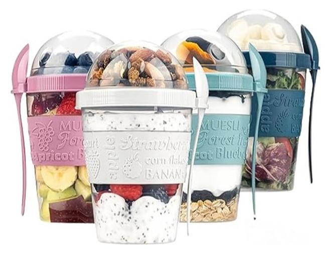 قطعه من أكواب الزبادي، غطاء مع ملعقة، خالية من مادة BPA، حاوية قابلة لإعادة الاستخدام، أواني إفطار للتنقل، حبوب الإفطار أثناء التنقل، برطمانات الشوفان طوال الليل، حاويات الشوفان، حاويات الفاكهة، 600 مل صنع في تركيا (فيروزي) - Image 1