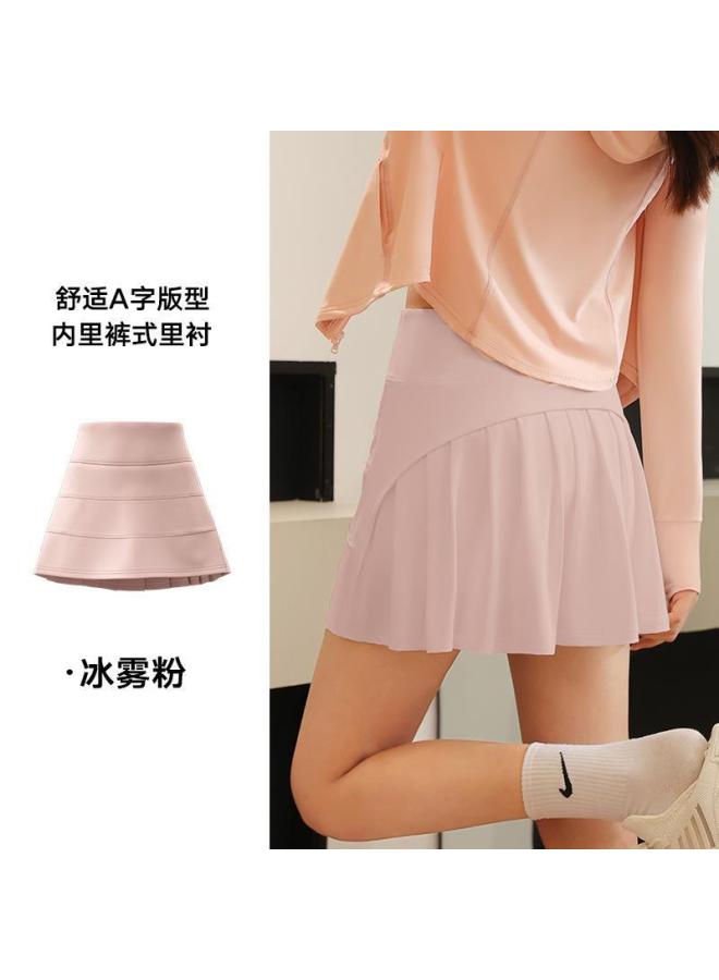 Summer Ice-feel Faux Two-piece Pleated Skirt High-waisted Elastic Sports Fitness Short Skirt Women's A-line Skirt