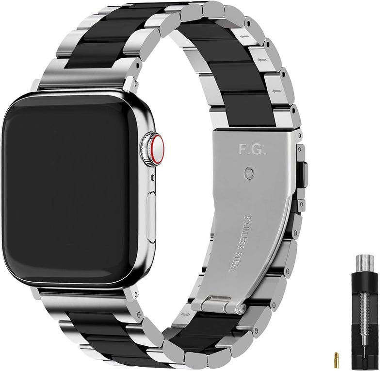 Fullmosa Compatible Apple Watch Band 42mm 44mm 45mm, Stainless Steel iWatch Band with Case for Apple Watch SE3/2/1 Series 9/8/7/6/5/4/3/2/1,42mm 44mm 45mm Silver+Black (Watch not Included) - Image 1