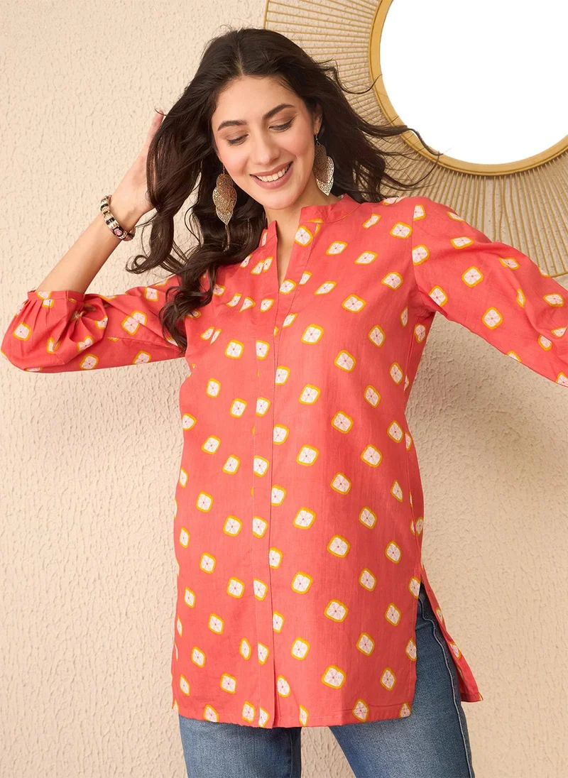 ZERESOUQ Orange Cotton Blend Shibori Printed Tunic Only