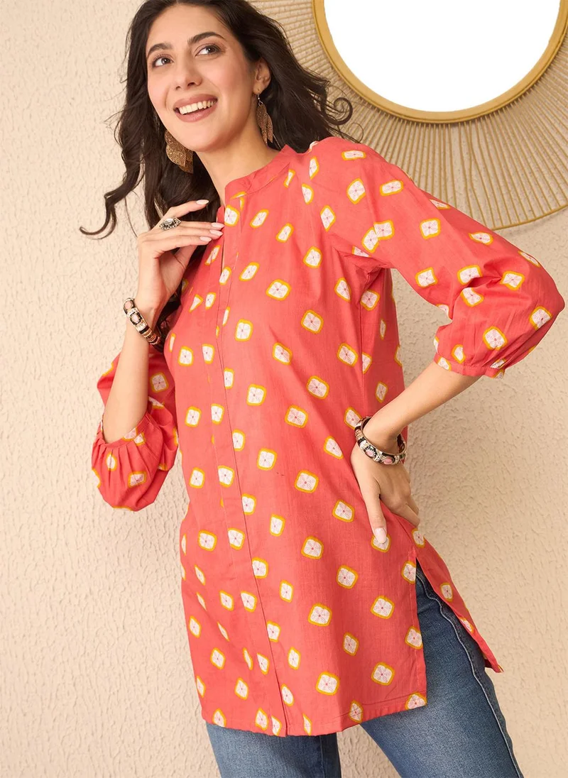 ZERESOUQ Orange Cotton Blend Shibori Printed Tunic Only