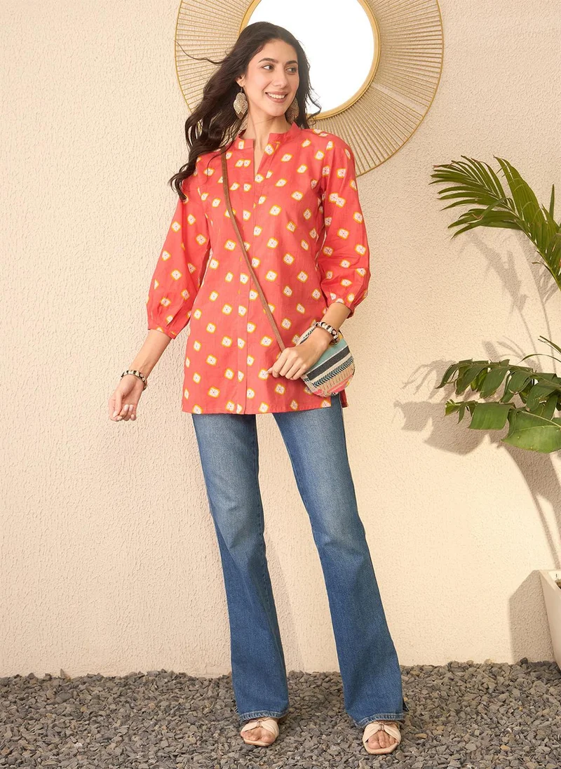 ZERESOUQ Orange Cotton Blend Shibori Printed Tunic Only