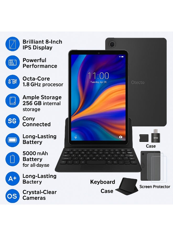 Oteeto TAB 8 – 8-Inch IPS Display | 8 GB RAM + 256 GB ROM | Android 13 | Octa-Core 1.8 GHz | 13 MP + 5 MP Dual Camera | 5000 mAh Battery | Dual SIM + 5G Connectivity | Free Keyboard + Case + OTG + Screen Protector - Grey - Image 4