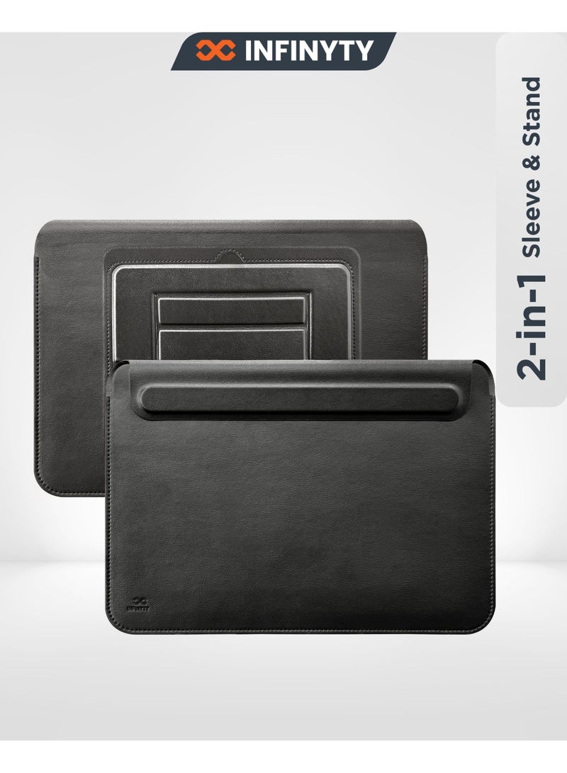 INFINYTY MacBook 13"/13.6" Leather Sleeve with Stand – Elevé (Black), Compatible with All 13"/13.6" Laptops & Notebooks, Soft Leather, Slim Design, Magnetic Closure, Built-in Stand for Comfortable Viewing - Image 1