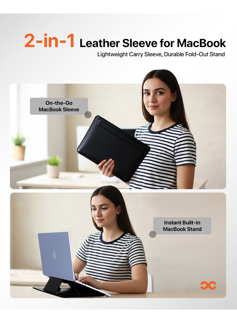 INFINYTY MacBook 13"/13.6" Leather Sleeve with Stand – Elevé (Black), Compatible with All 13"/13.6" Laptops & Notebooks, Soft Leather, Slim Design, Magnetic Closure, Built-in Stand for Comfortable Viewing - Image 2