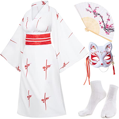 Elibelle Japanese Anime Women's Kimono Robe Geisha Yukata Sweet Dress Blossom Satin Bathrobe Sleepwear Fans Tabi Socks Set White Sakura - Image 3
