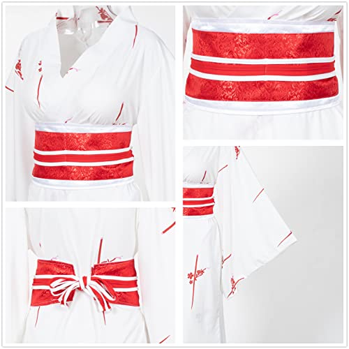Elibelle Japanese Anime Women's Kimono Robe Geisha Yukata Sweet Dress Blossom Satin Bathrobe Sleepwear Fans Tabi Socks Set White Sakura - Image 5