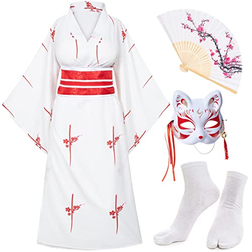 Elibelle Japanese Anime Women's Kimono Robe Geisha Yukata Sweet Dress Blossom Satin Bathrobe Sleepwear Fans Tabi Socks Set White Sakura - Image 2