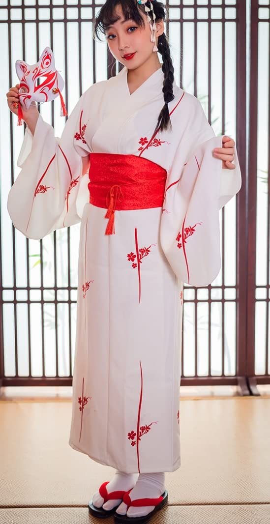 Elibelle Japanese Anime Women's Kimono Robe Geisha Yukata Sweet Dress Blossom Satin Bathrobe Sleepwear Fans Tabi Socks Set White Sakura - Image 4