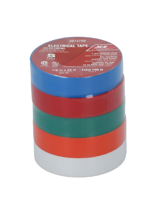 ACE 5-Piece Electrical Tape Multicolour 1/2 Inch x 20ft 50-01093 - Image 1