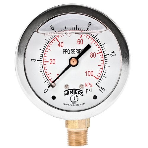 Winters Instruments Winters 2-1/2" Dial Size, Liquid Filled Industrial Pressure Gauge, Brass Internals, 304 Stainless Steel Case, Dual Scale 0-15 psi/kPa, 1.5% Acc, 1/4" NPT Bottom Mount, Glycerin Filled Pressure Gauge - Image 4