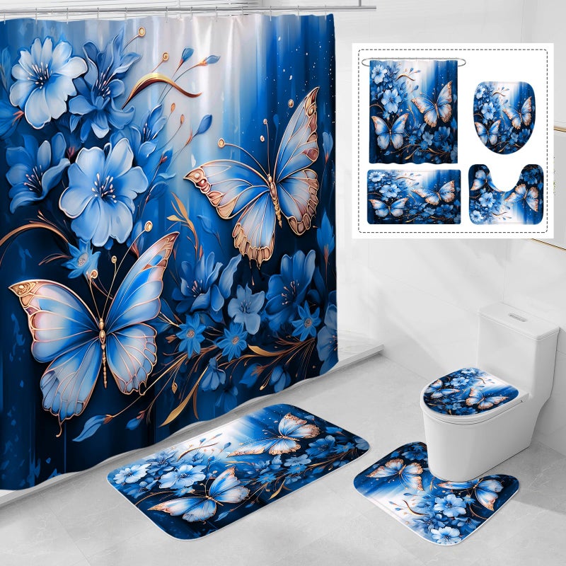 Litabel 4 Pcs Navy Blue Floral Butterfly Shower Curtain Set with Non-Slip Rugs, Modern Toilet Lid Cover and Bath Mat, Elegant Bathroom Decor Set with Shower Curtain and Rugs(Hooks Not Included) - Image 1