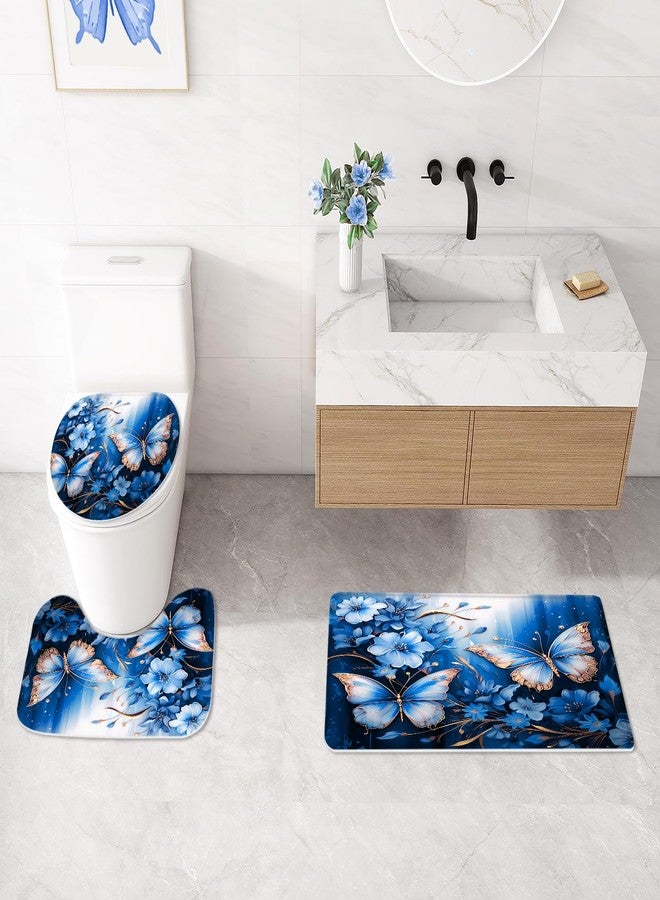 Litabel 4 Pcs Navy Blue Floral Butterfly Shower Curtain Set with Non-Slip Rugs, Modern Toilet Lid Cover and Bath Mat, Elegant Bathroom Decor Set with Shower Curtain and Rugs(Hooks Not Included) - Image 4