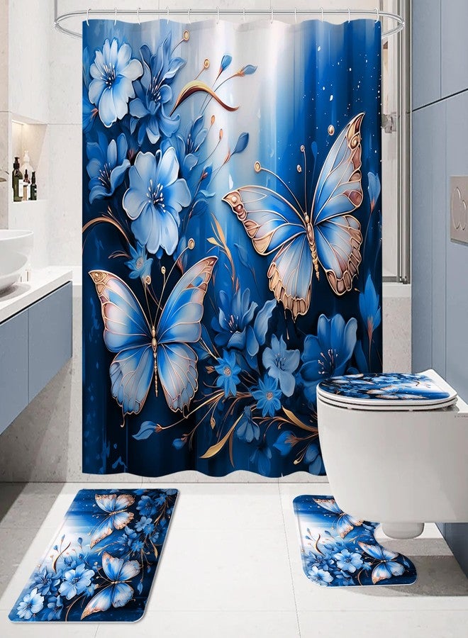 Litabel 4 Pcs Navy Blue Floral Butterfly Shower Curtain Set with Non-Slip Rugs, Modern Toilet Lid Cover and Bath Mat, Elegant Bathroom Decor Set with Shower Curtain and Rugs(Hooks Not Included) - Image 2