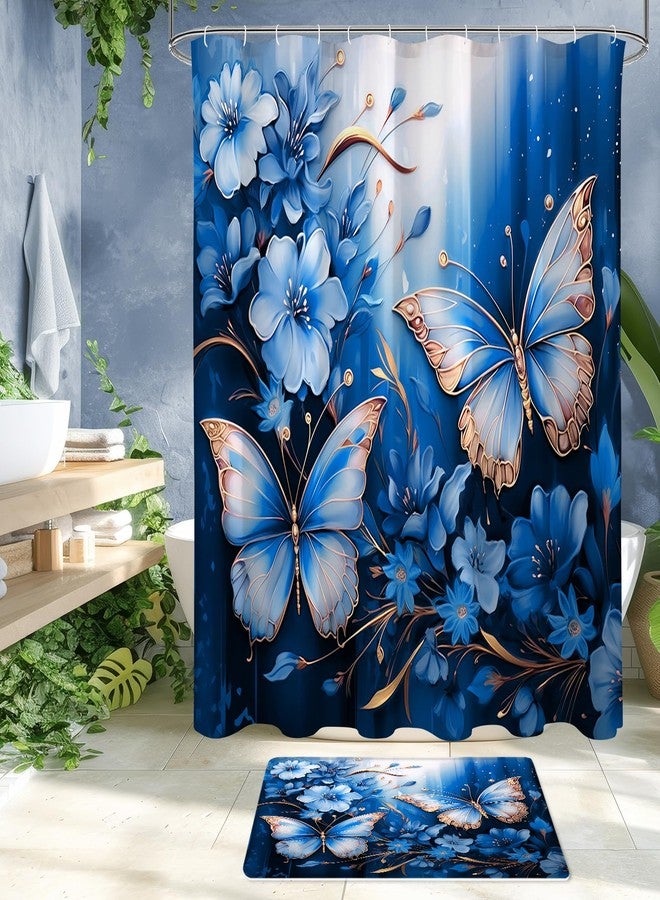 Litabel 4 Pcs Navy Blue Floral Butterfly Shower Curtain Set with Non-Slip Rugs, Modern Toilet Lid Cover and Bath Mat, Elegant Bathroom Decor Set with Shower Curtain and Rugs(Hooks Not Included) - Image 3