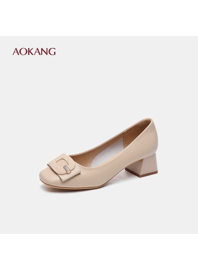 Aokang Women's Autumn New Single Shoes Comfortable Chunky Heel Leather White Mom High Heels Apricot Size 37 - Image 1