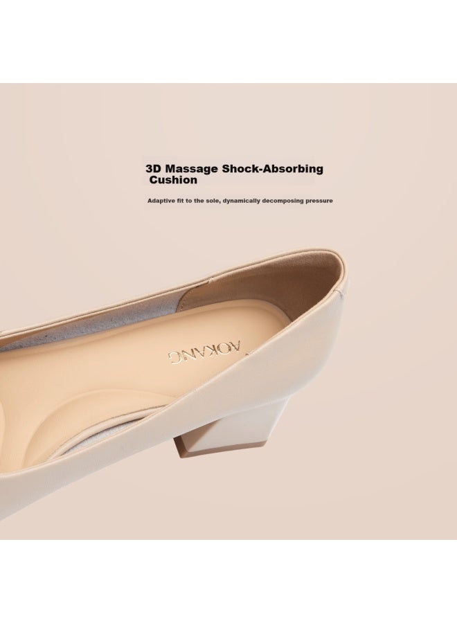 Aokang Women's Autumn New Single Shoes Comfortable Chunky Heel Leather White Mom High Heels Apricot Size 37 - Image 3