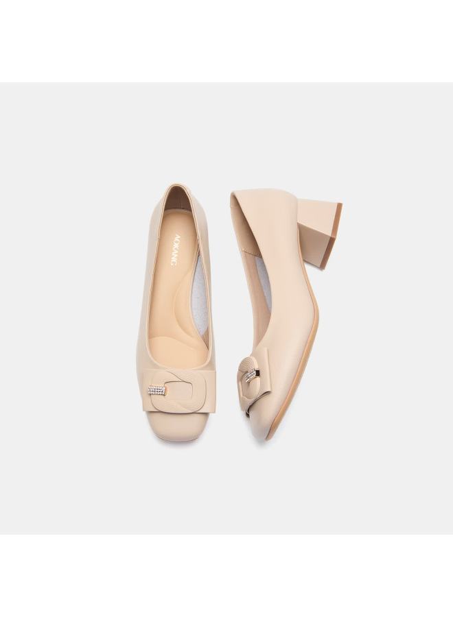 Aokang Women's Autumn New Single Shoes Comfortable Chunky Heel Leather White Mom High Heels Apricot Size 37 - Image 2