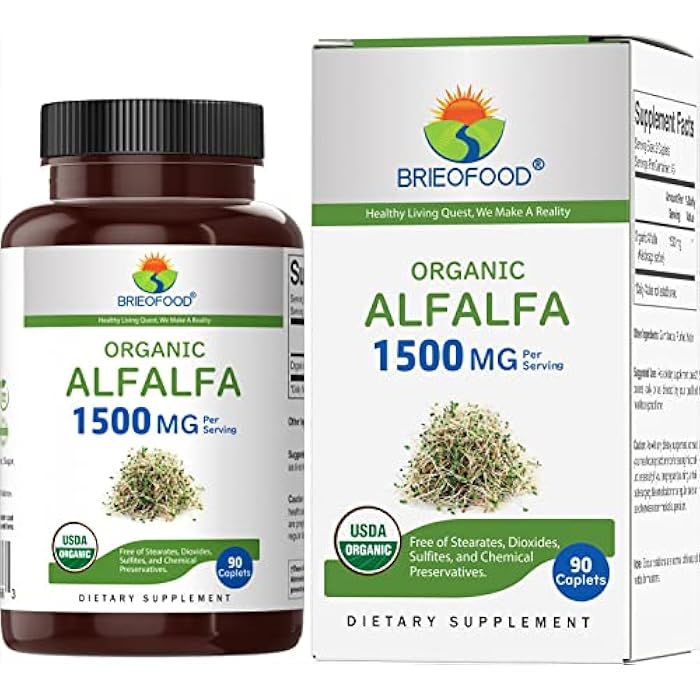 Brieofood Organic Alfalfa 1500mg, 45 Servings, Vegetarian, Gluten Free, 90 Vegetarian Tablets - Image 1
