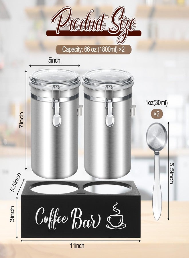 ماكس تشيك علبتان لتخزين القهوة من ماكس تشيك سعة 66 أونصة مع رف، مصنوعة من الفولاذ المقاوم للصدأ 304، حاوية لتخزين حبوب البن المطحونة مع مشبك قفل محكم الإغلاق ومغرفة، برطمانات تخزين طعام المطبخ (فضي) - Image 2