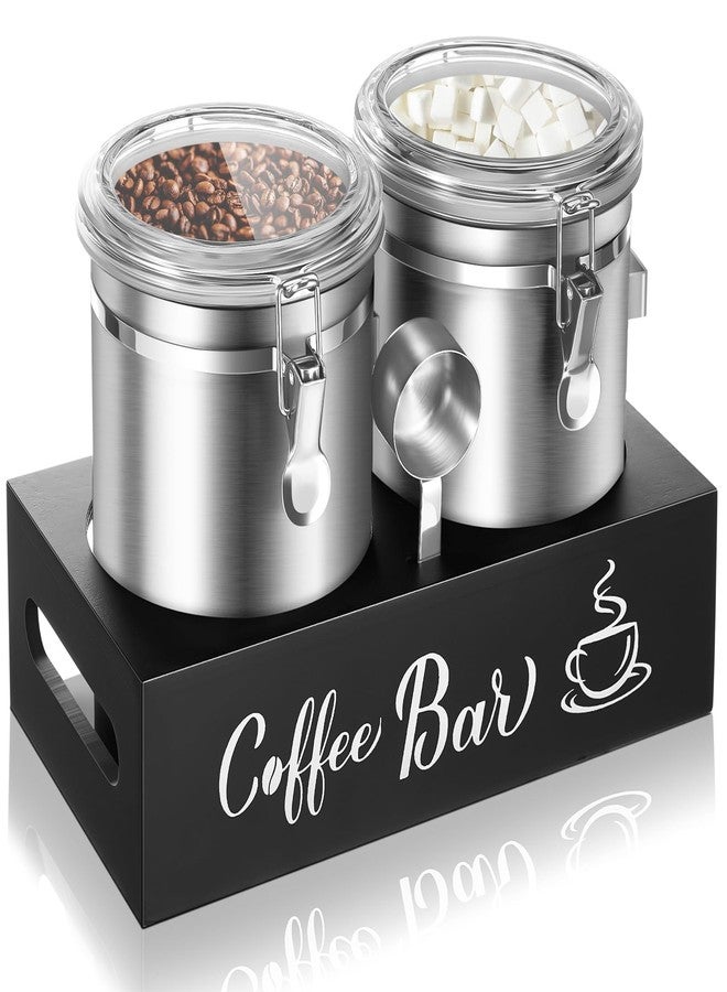 ماكس تشيك علبتان لتخزين القهوة من ماكس تشيك سعة 66 أونصة مع رف، مصنوعة من الفولاذ المقاوم للصدأ 304، حاوية لتخزين حبوب البن المطحونة مع مشبك قفل محكم الإغلاق ومغرفة، برطمانات تخزين طعام المطبخ (فضي) - Image 1