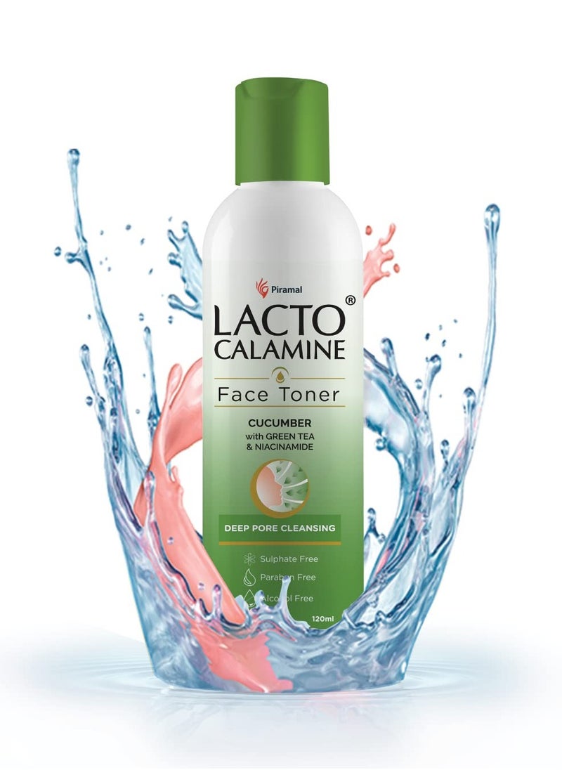 Lacto Calamine Lacto Calamine Cucumber Face Toner with Green Teaand Niacinamide for cool and hydrated skin. Tightens pores and evens skin tone. Suitable for Oily skin. No Sulphate, No Alcohol - 120 ml   Pack of 1  - Image 1