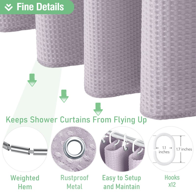 Dynamene Lavender Fabric Shower Curtain - Waffle Weave Textured Heavy Duty Cloth Shower Curtains for Bathroom, 256GSM Hotel Luxury Weighted Bath Curtain Set with 12 Hooks,72x72, Lavender - Image 5