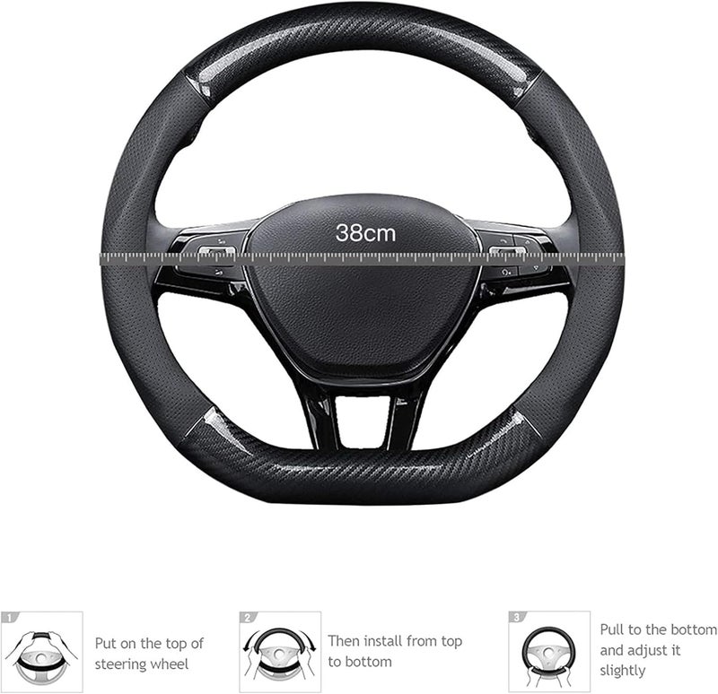 X spring Car Steering Wheel Cover, Diameter 38cm Car Carbon Fiber and Leather D Shape Steering Wheel Cover, Non Slip Breathable Car Steering Wheel Protector, Wear Resistant Steering Wheel Sleeve - Image 5
