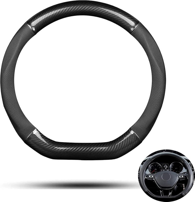X spring Car Steering Wheel Cover, Diameter 38cm Car Carbon Fiber and Leather D Shape Steering Wheel Cover, Non Slip Breathable Car Steering Wheel Protector, Wear Resistant Steering Wheel Sleeve - Image 1