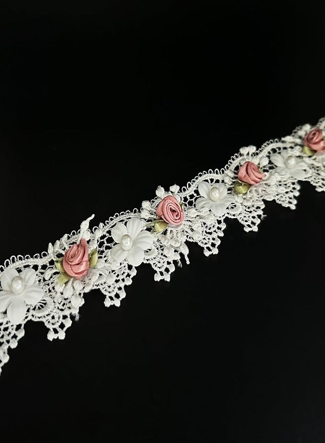 URIMPAVIDO 1 Yard Vintage White Pearl Beads Flowers Lace Trim Ribbon Floral Appliques Embroidered Lace Fabric for Wedding Bridal Dress Clothes Costume Hat Decoration DIY Handmade Sewing Crafts (White, 1 Yard) - Image 1